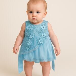 Blue Baby Ball Gown Flower Lace Tulle Dress 6–9M NWT